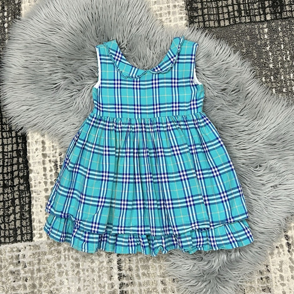 Sweet Honey Girls Double Layer Teal Blue Plaid Collared Flowy Top Size 8Y